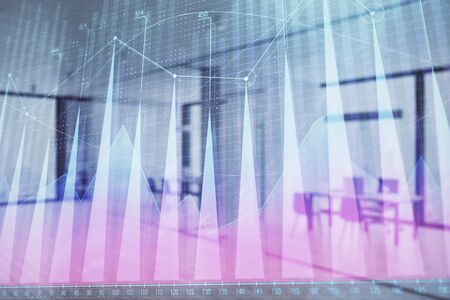 Stock and bond market graph with trading desk bank office interior on background. Multi exposure. Concept of financial analysisの写真素材