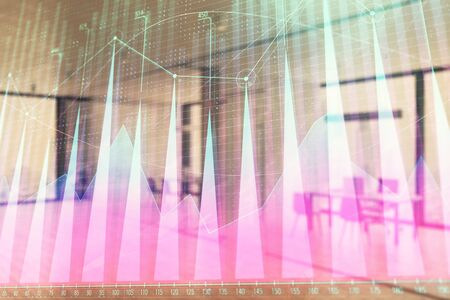 Stock and bond market graph with trading desk bank office interior on background. Multi exposure. Concept of financial analysisの写真素材