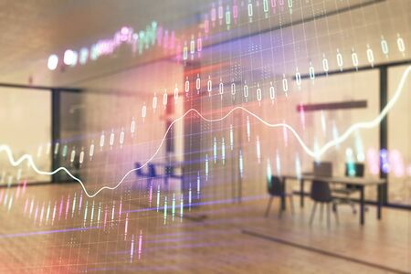 Stock and bond market graph with trading desk bank office interior on background. Multi exposure. Concept of financial analysisの写真素材
