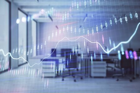 Stock and bond market graph with trading desk bank office interior on background. Multi exposure. Concept of financial analysisの写真素材