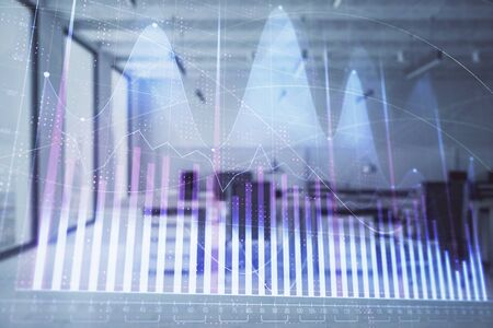 Stock and bond market graph with trading desk bank office interior on background. Multi exposure. Concept of financial analysisの写真素材