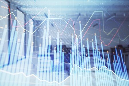 Stock and bond market graph with trading desk bank office interior on background. Multi exposure. Concept of financial analysisの写真素材