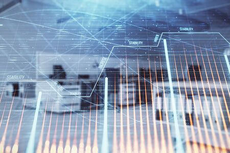 Stock market chart with trading desk bank office interior on background. Double exposure. Concept of financial analysisの写真素材