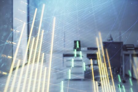 Stock market chart with trading desk bank office interior on background. Double exposure. Concept of financial analysisの写真素材