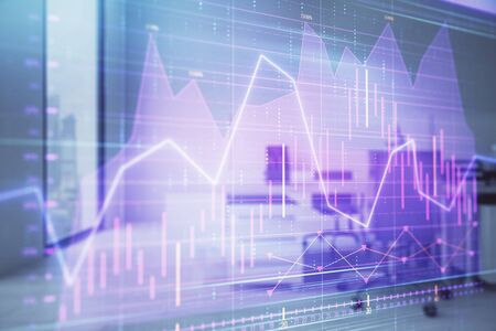 Stock market chart with trading desk bank office interior on background. Double exposure. Concept of financial analysisの写真素材