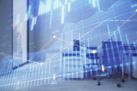 Stock market chart with trading desk bank office interior on background. Double exposure. Concept of financial analysisの写真素材