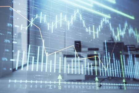 Stock market chart with trading desk bank office interior on background. Double exposure. Concept of financial analysisの写真素材