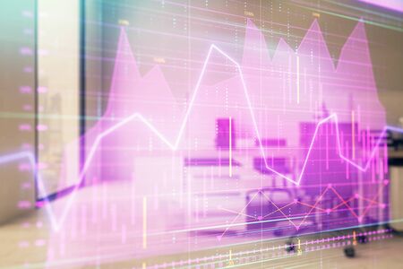 Stock market chart with trading desk bank office interior on background. Double exposure. Concept of financial analysisの写真素材