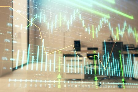 Stock market chart with trading desk bank office interior on background. Double exposure. Concept of financial analysisの写真素材