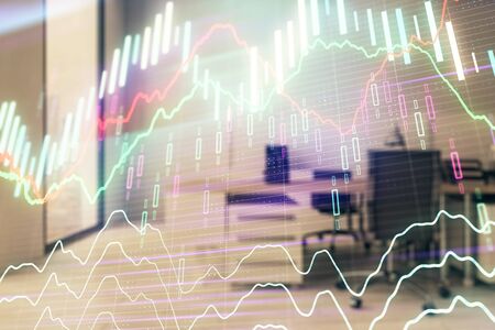 Stock market chart with trading desk bank office interior on background. Double exposure. Concept of financial analysisの写真素材