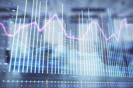 Stock market chart with trading desk bank office interior on background. Double exposure. Concept of financial analysisの写真素材