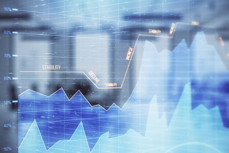 Stock market chart with trading desk bank office interior on background. Double exposure. Concept of financial analysisの写真素材