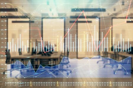 Stock market chart with trading desk bank office interior on background. Double exposure. Concept of financial analysisの写真素材