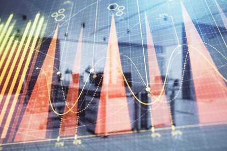 Stock market chart with trading desk bank office interior on background. Double exposure. Concept of financial analysisの写真素材