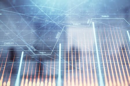 Stock market chart with trading desk bank office interior on background. Double exposure. Concept of financial analysisの写真素材