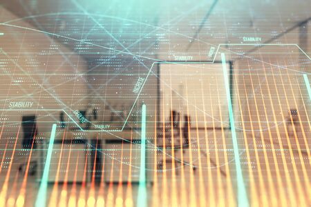 Stock market chart with trading desk bank office interior on background. Double exposure. Concept of financial analysisの写真素材
