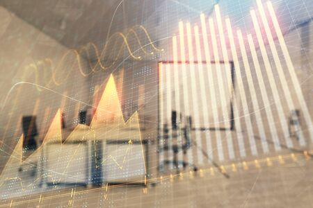 Stock market chart with trading desk bank office interior on background. Double exposure. Concept of financial analysisの写真素材