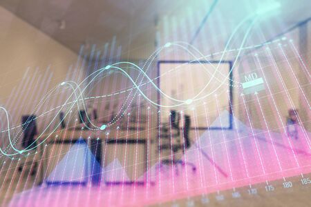 Stock market chart with trading desk bank office interior on background. Double exposure. Concept of financial analysisの写真素材