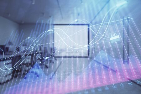 Stock market chart with trading desk bank office interior on background. Double exposure. Concept of financial analysisの写真素材