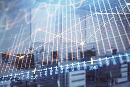 Stock market chart with trading desk bank office interior on background. Double exposure. Concept of financial analysisの写真素材