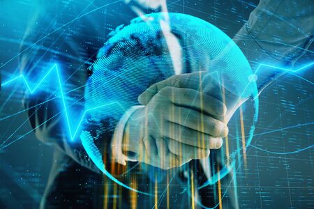 Multi exposure of forex graph and world map on abstract background with two businessmen handshake. Concept of success on international marketsの写真素材