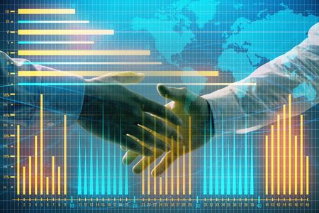 Multi exposure of forex graph and world map on abstract background with two businessmen handshake. Concept of success on international marketsの写真素材