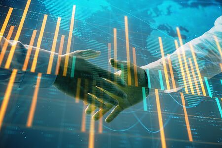 Multi exposure of forex graph and world map on abstract background with two businessmen handshake. Concept of success on international marketsの写真素材
