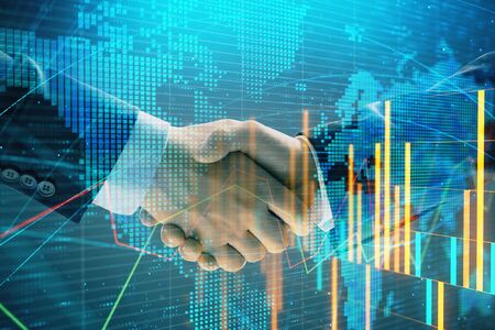 Multi exposure of forex graph and world map on abstract background with two businessmen handshake. Concept of success on international marketsの写真素材