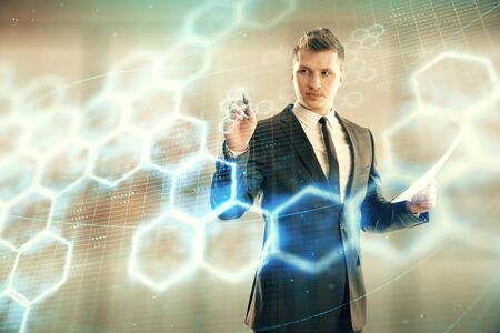 Businessman and abstract tech drawing. Double exposure. Concept of technology innovationの写真素材