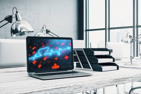 Desktop interior with human heart drawing on computer screen, table and chair. Concept of medical education. 3d rendering.の写真素材