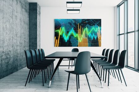 Conference room interior with financial chart and world map on screen monitor on the wall. Stock market analysis concept. 3d rendering.の写真素材