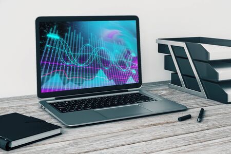 Laptop closeup with forex graph on computer screen. Financial trading and education concept. 3d rendering.の写真素材