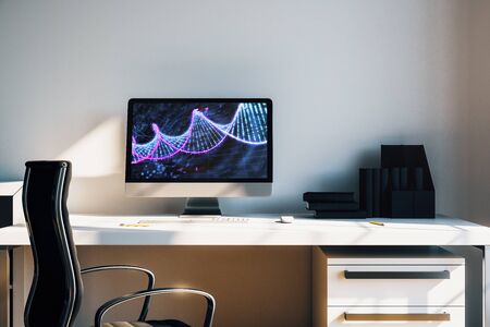 Desktop interior with DNA drawing on computer screen, table and chair. Concept of education. 3d rendering.の写真素材