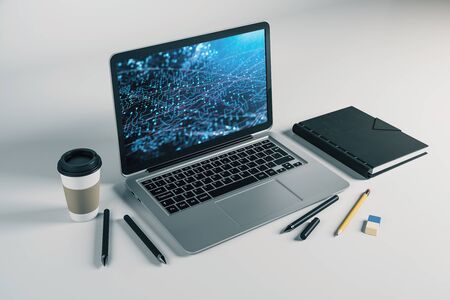 Laptop closeup with abstract tech drawing on computer screen. Technology innovation concept. 3d rendering.の写真素材
