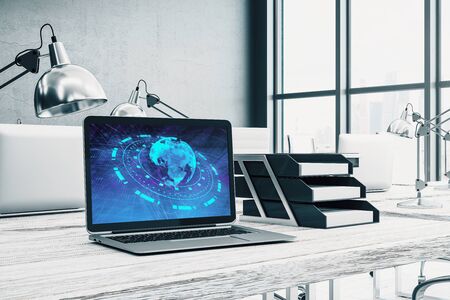 Cabinet desktop interior with world map on computer screen. Concept of international market and trading. 3d rendering.の写真素材