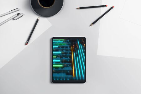 Digital tablet closeup top view with financial graph on screen. Online trading application concept. 3d rendering.の写真素材