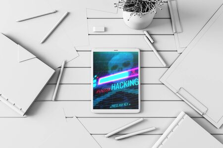 Digital tablet closeup with hacking theme drawing on screen. Data safety concept. 3d rendering.の写真素材