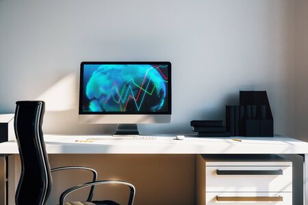 Cabinet desktop interior with financial charts and world map on computer screen. Concept of international market analysis and trading. 3d rendering.の写真素材