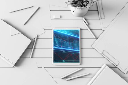 Digital tablet closeup with business theme picture on screen. Technology innovation concept. 3d rendering.の写真素材