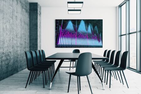 Conference room interior with financial chart on screen monitor on the wall. Stock market analysis concept. 3d rendering.の写真素材