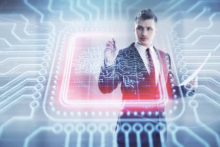 Man and brain icon hologram. Double exposure. Concept of data developmentの写真素材
