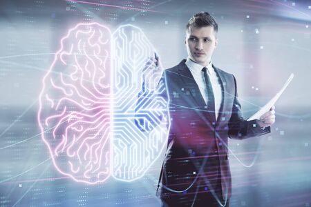 Man and brain icon hologram. Double exposure. Concept of data developmentの写真素材