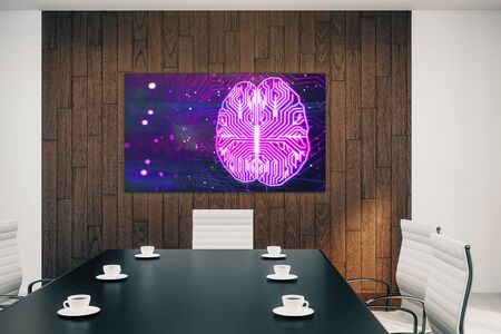 Conference room interior with human brain drawing on screen on the wall. Brainstorm concept. 3d rendering.の写真素材