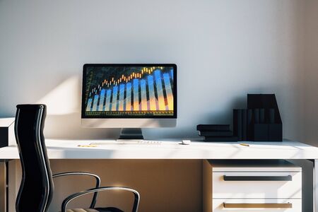Cabinet desktop interior with financial charts and graphs on computer screen. Concept of stock market analysis and trading. 3d rendering.の写真素材
