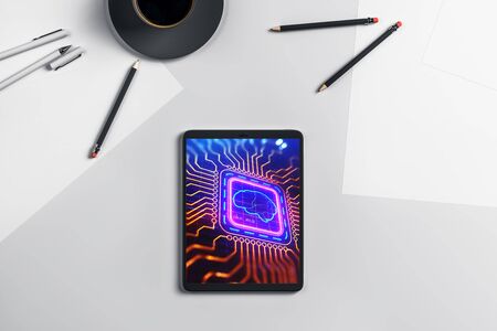 Digital tablet closeup with brain drawing on screen. Data technology concept. 3d rendering.の写真素材