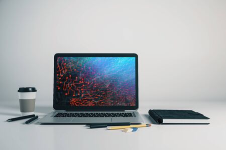 Laptop closeup with abstract tech drawing on computer screen. Technology innovation concept. 3d rendering.の写真素材