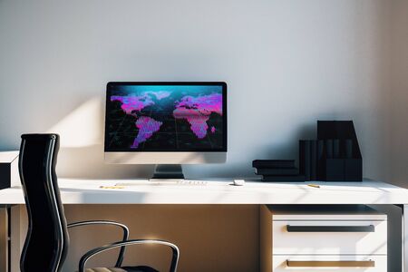Cabinet desktop interior with world map on computer screen. Concept of international market and trading. 3d rendering.の写真素材