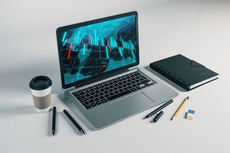 Laptop closeup with forex graph and world map on computer screen. Financial trading and education concept. 3d rendering.の写真素材