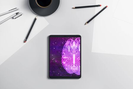 Digital tablet closeup with brain drawing on screen. Data technology concept. 3d rendering.の写真素材