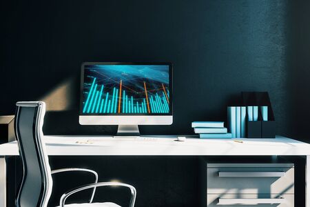Cabinet desktop interior with financial charts and graphs on computer screen. Concept of stock market analysis and trading. 3d rendering.の写真素材